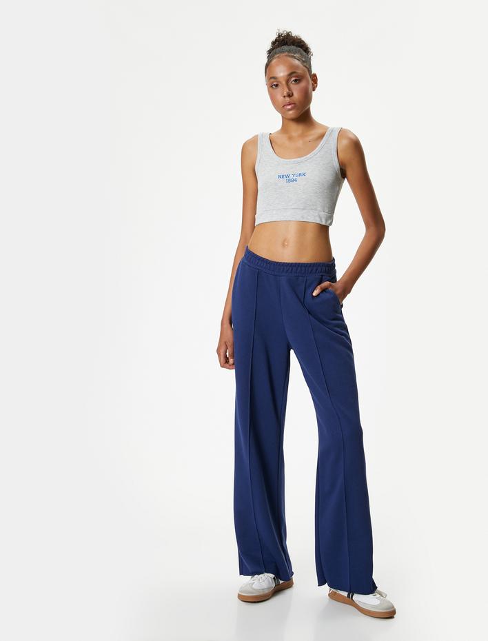  Sporcu Sütyeni Slogan İşlemeli U Yaka Slim Fit