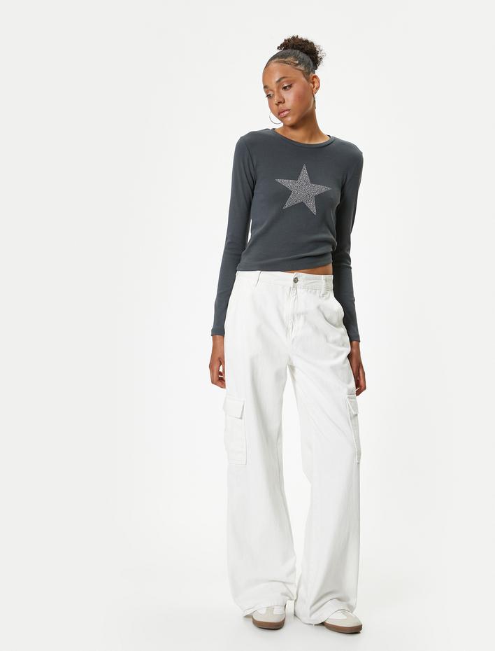  Uzun Kollu Tişört Yıldız İşlemeli Bisiklet Yaka Slim Fit