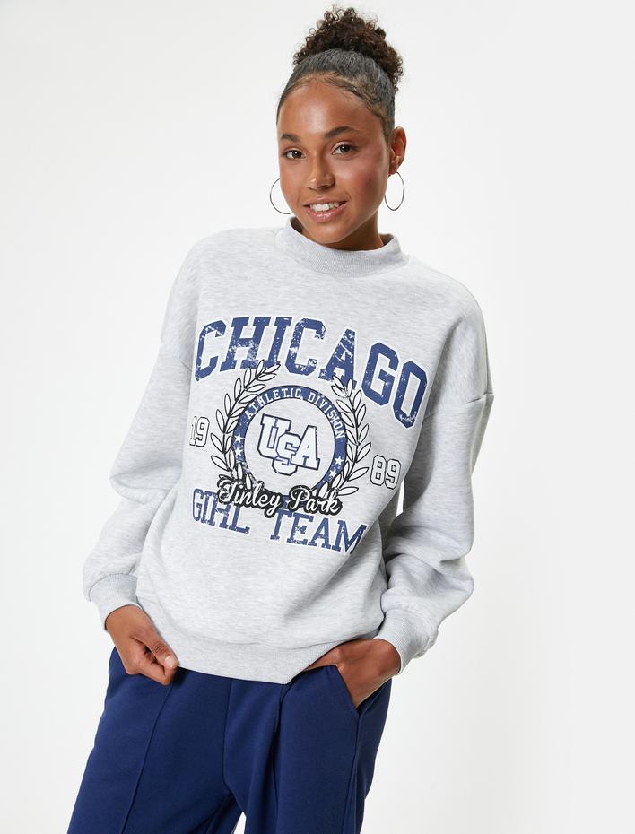  Oversize Sweatshirt Kolej Baskılı Bisiklet Yaka Şardonlu