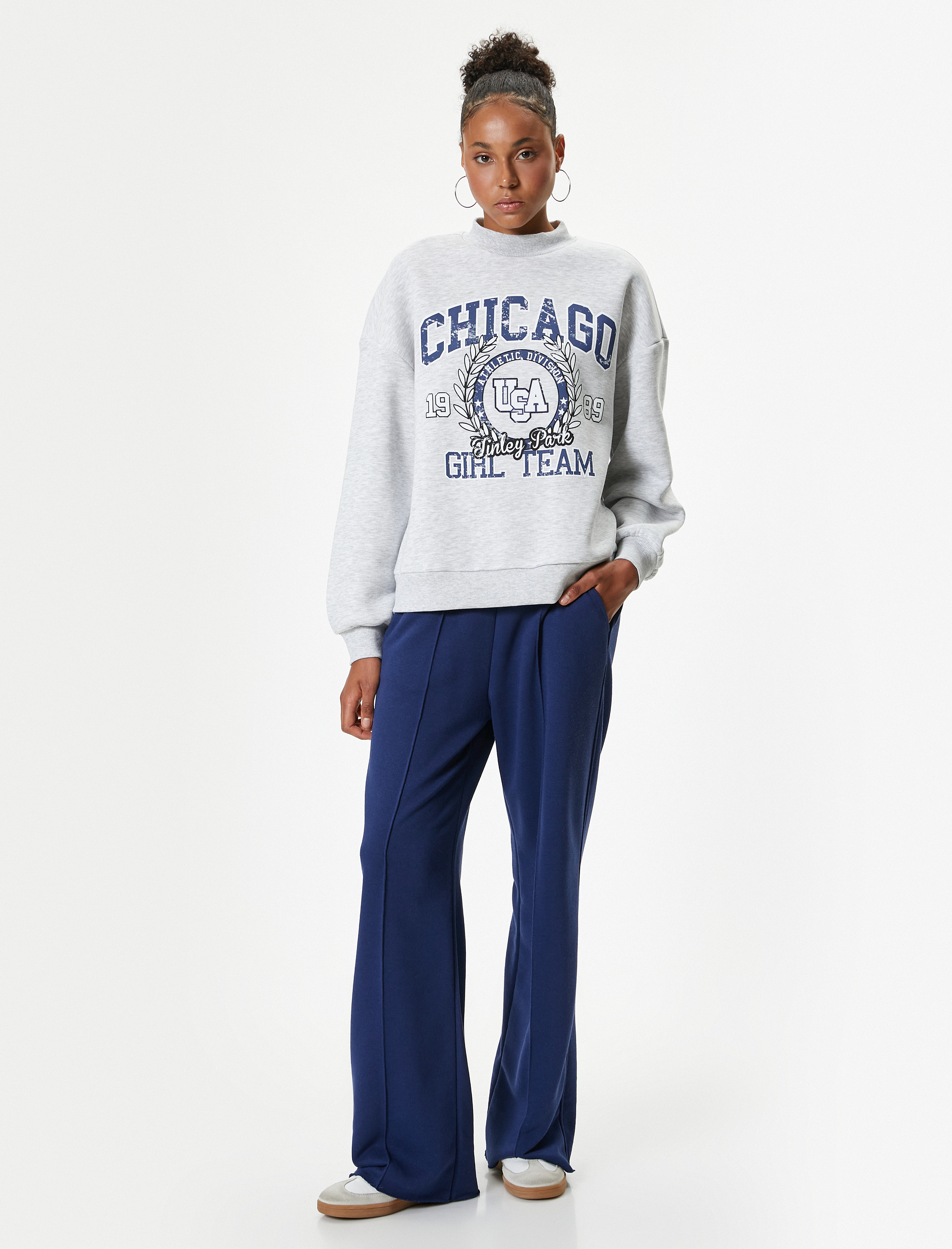   Oversize Sweatshirt Kolej Baskılı Bisiklet Yaka Şardonlu