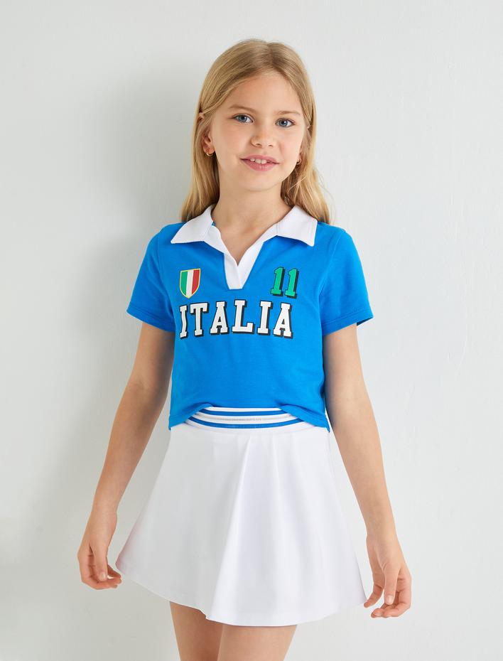 Kız Çocuk Crop Tişört Polo Yaka Kısa Kollu Spor Temalı Pamuklu