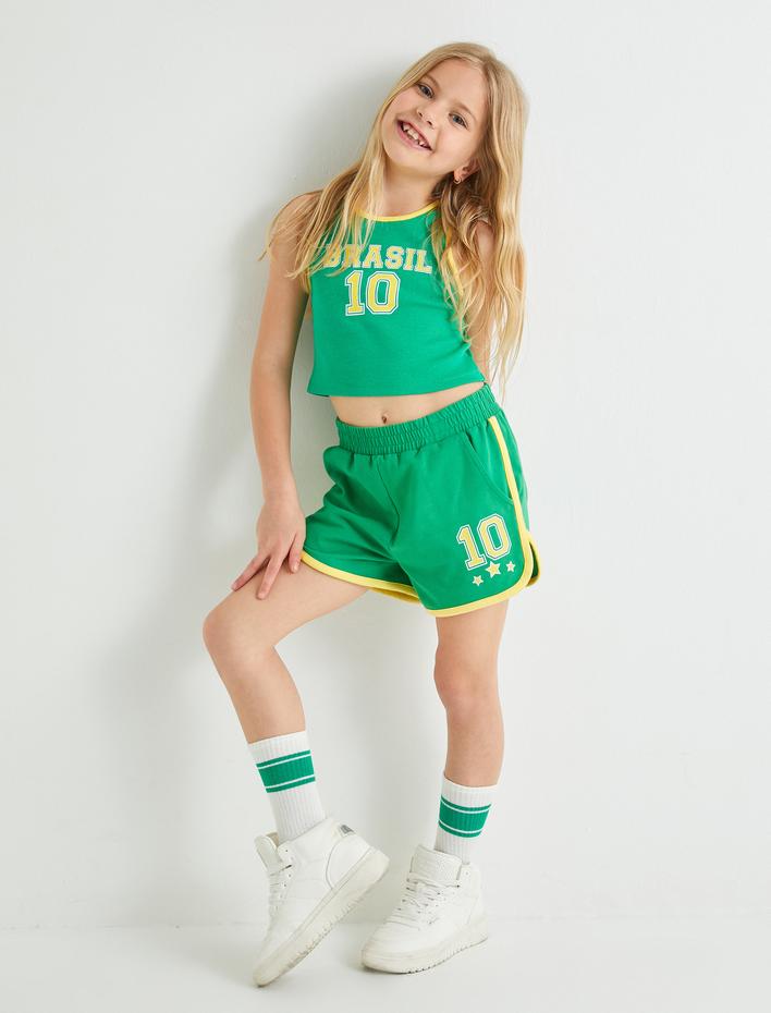 Kız Çocuk Crop Atlet Spor Temalı Bisiklet Yaka Renk Bloklu Pamuklu