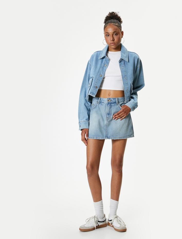  Mini Kot Şort Etek Slim Fit Düğmeli Cep Detaylı