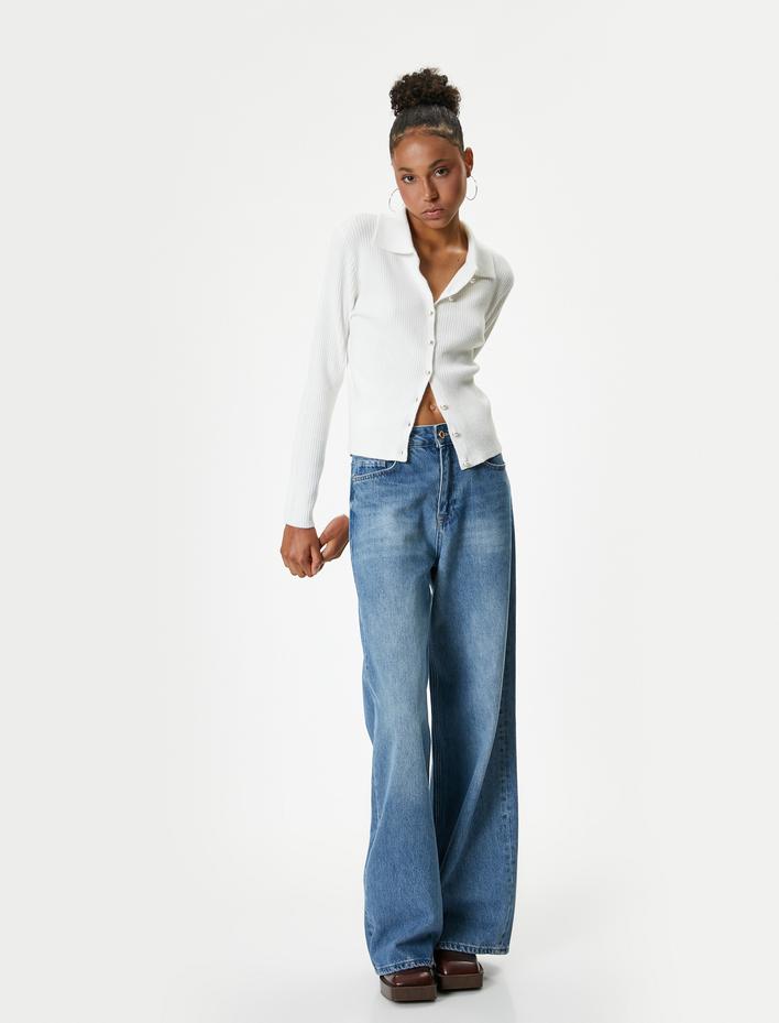  Düğmeli Triko Hırka Uzun Kollu Klasik Gömlek Yaka