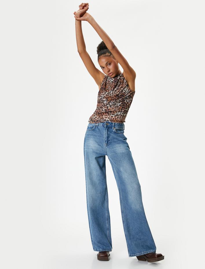  Leopar Desenli Bluz Kolsuz Bisiklet Yaka Drapeli Slim Fit