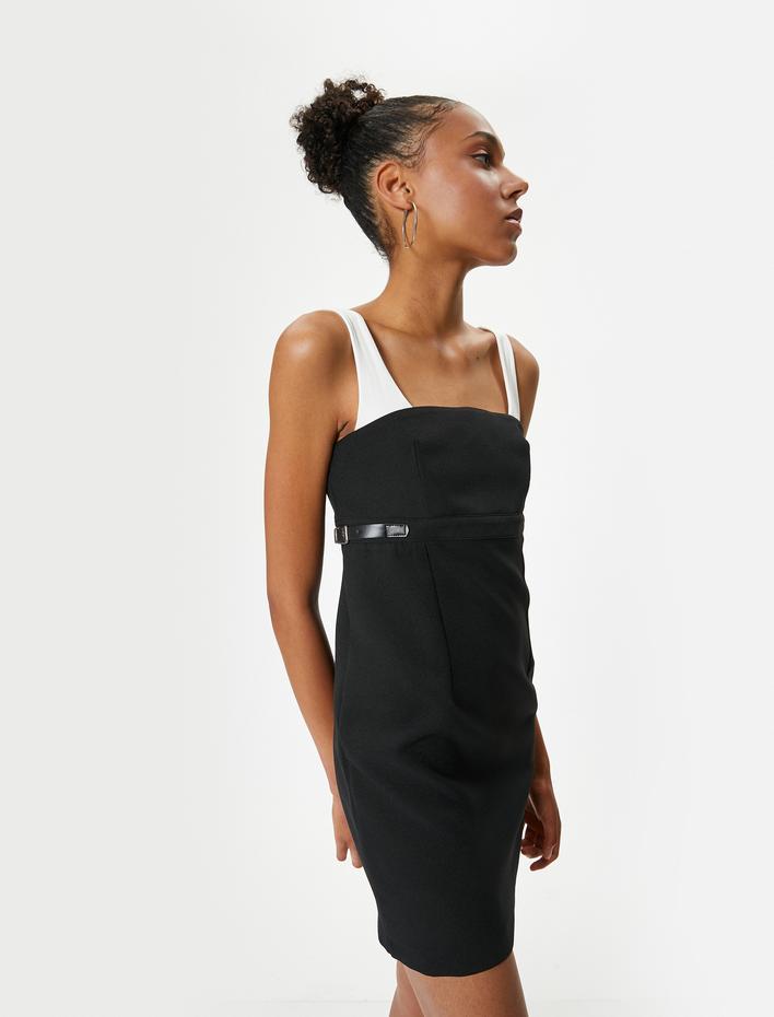  Mini Kalem Elbise Renk Kontrastlı Askılı Slim Fit