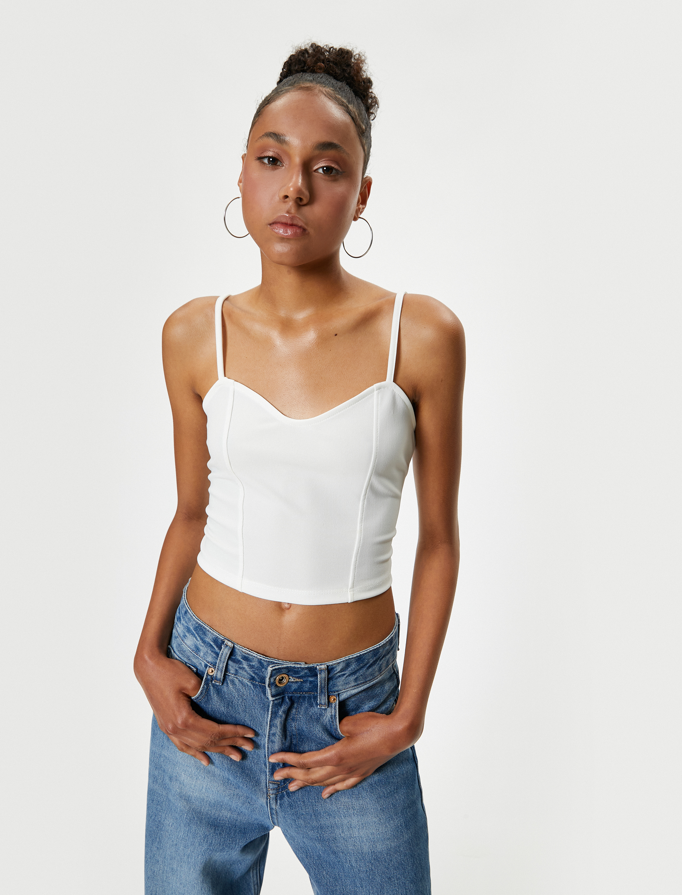 Koton Kadın İnce Askılı Crop Büstiyer Kalp Yaka Slim Fit Ribanalı