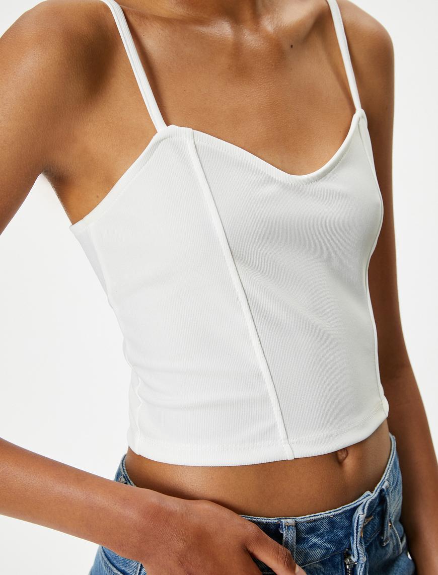   İnce Askılı Crop Büstiyer Kalp Yaka Slim Fit Ribanalı