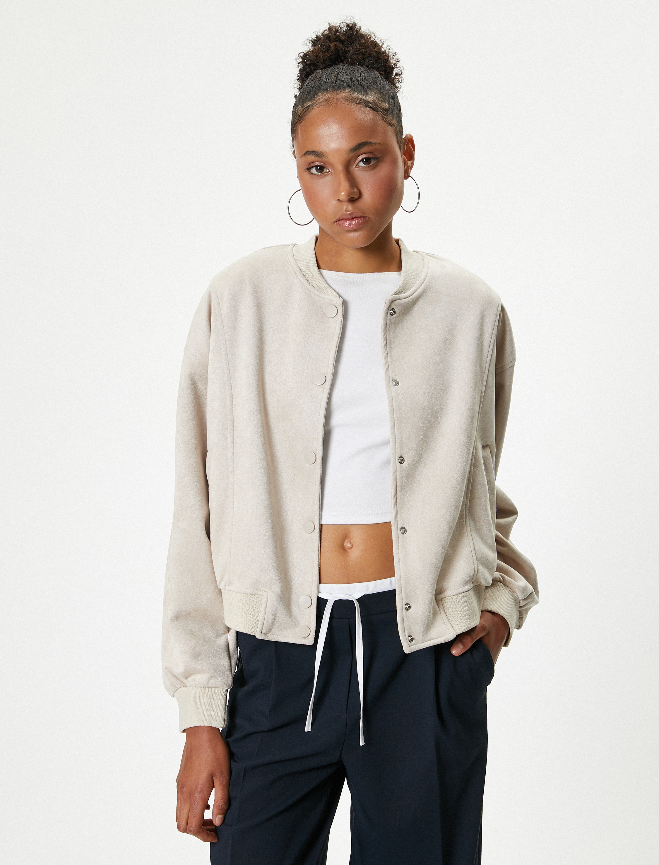 Kolej Bomber Ceket Süet Görünümlü Çıtçıt Düğmeli Cep Detaylı Ribanalı