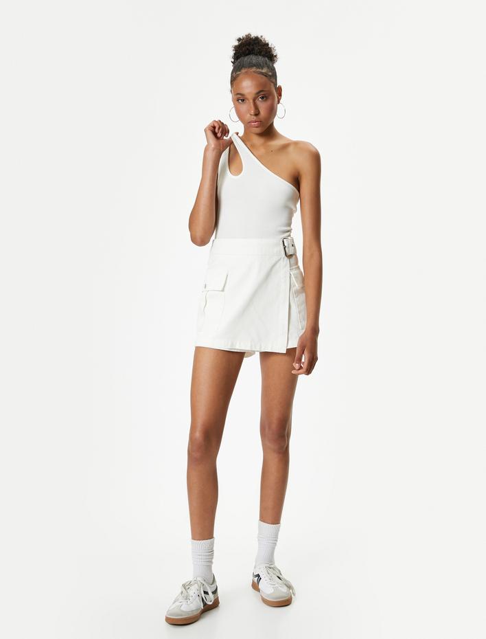  Tek Omuz Crop Atlet Pencere Detaylı Ribanalı Pamuklu