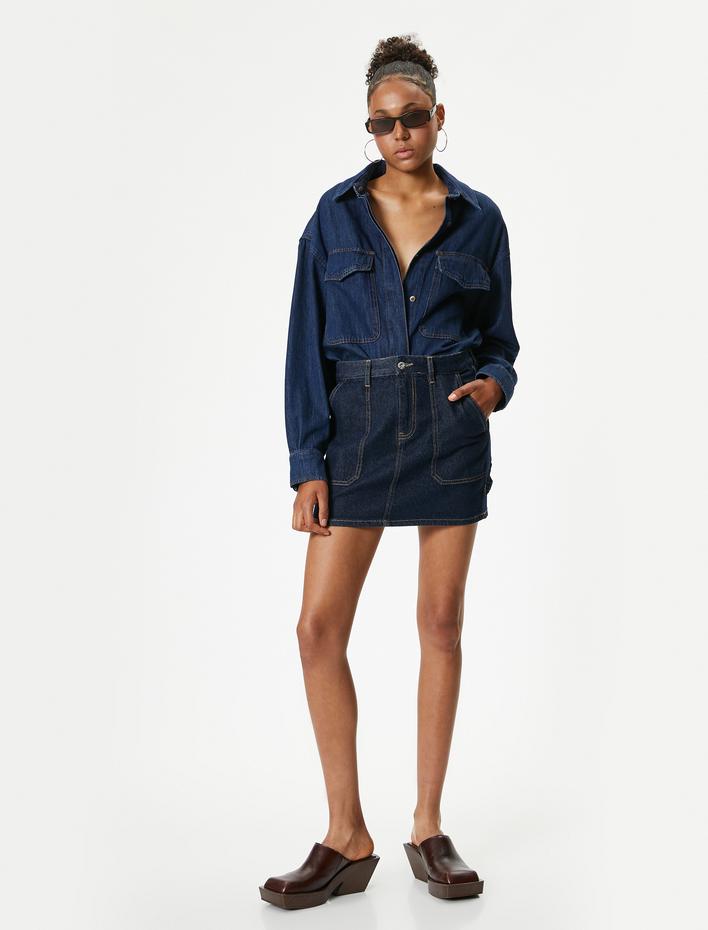  Mini Kot Etek Dikişli Cep Detaylı Düğmeli