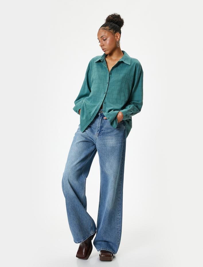  Oversize Gömlek Uzun Kollu Dokulu Klasik Yaka Düğmeli