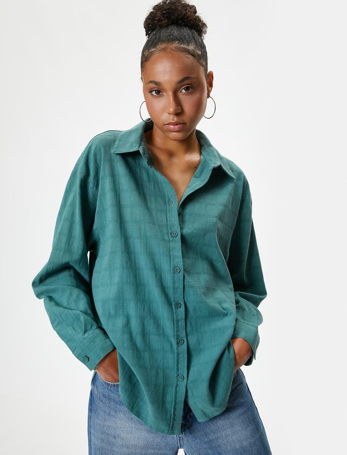  Oversize Gömlek Uzun Kollu Dokulu Klasik Yaka Düğmeli