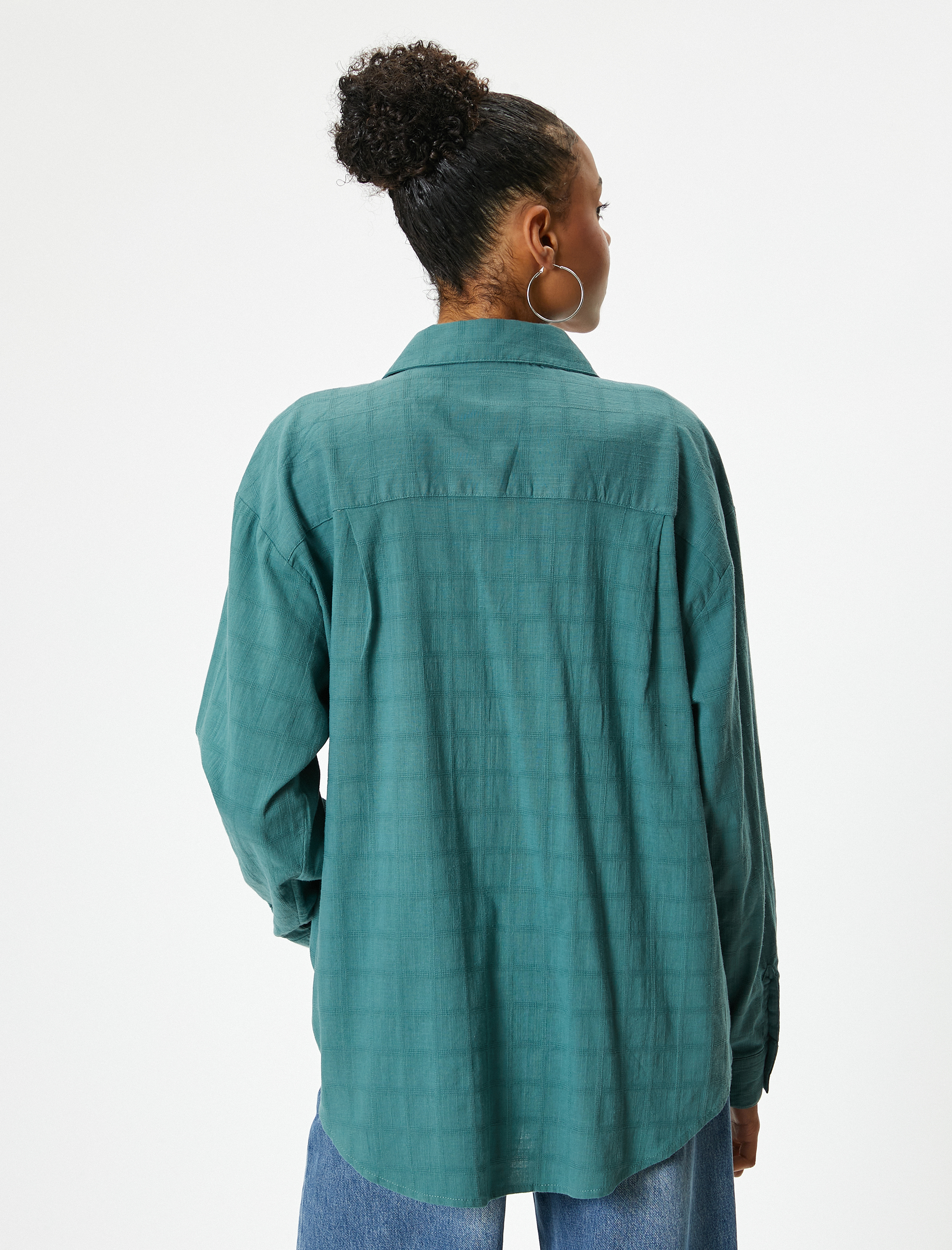   Oversize Gömlek Uzun Kollu Dokulu Klasik Yaka Düğmeli