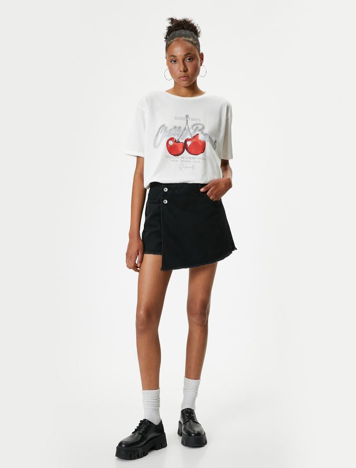  Kiraz Baskılı Tişört Oversize Bisiklet Yaka Kısa Kollu Pamuklu