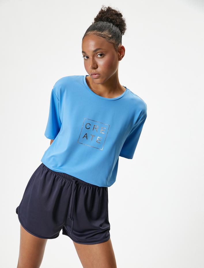  Spor Tişört Slogan Baskılı Bisiklet Yaka Kısa Kollu Oversize