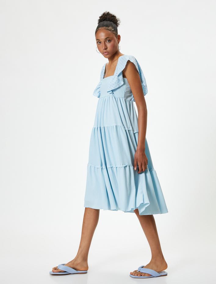  Midi Elbise Kare Yaka Fırfır Detaylı Kolsuz Bürümcük