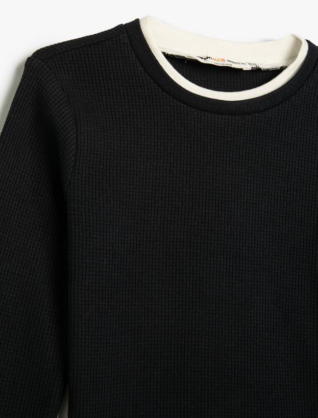 Basic Sweatshirt Bisiklet Yaka Uzun Kollu Dokulu_2