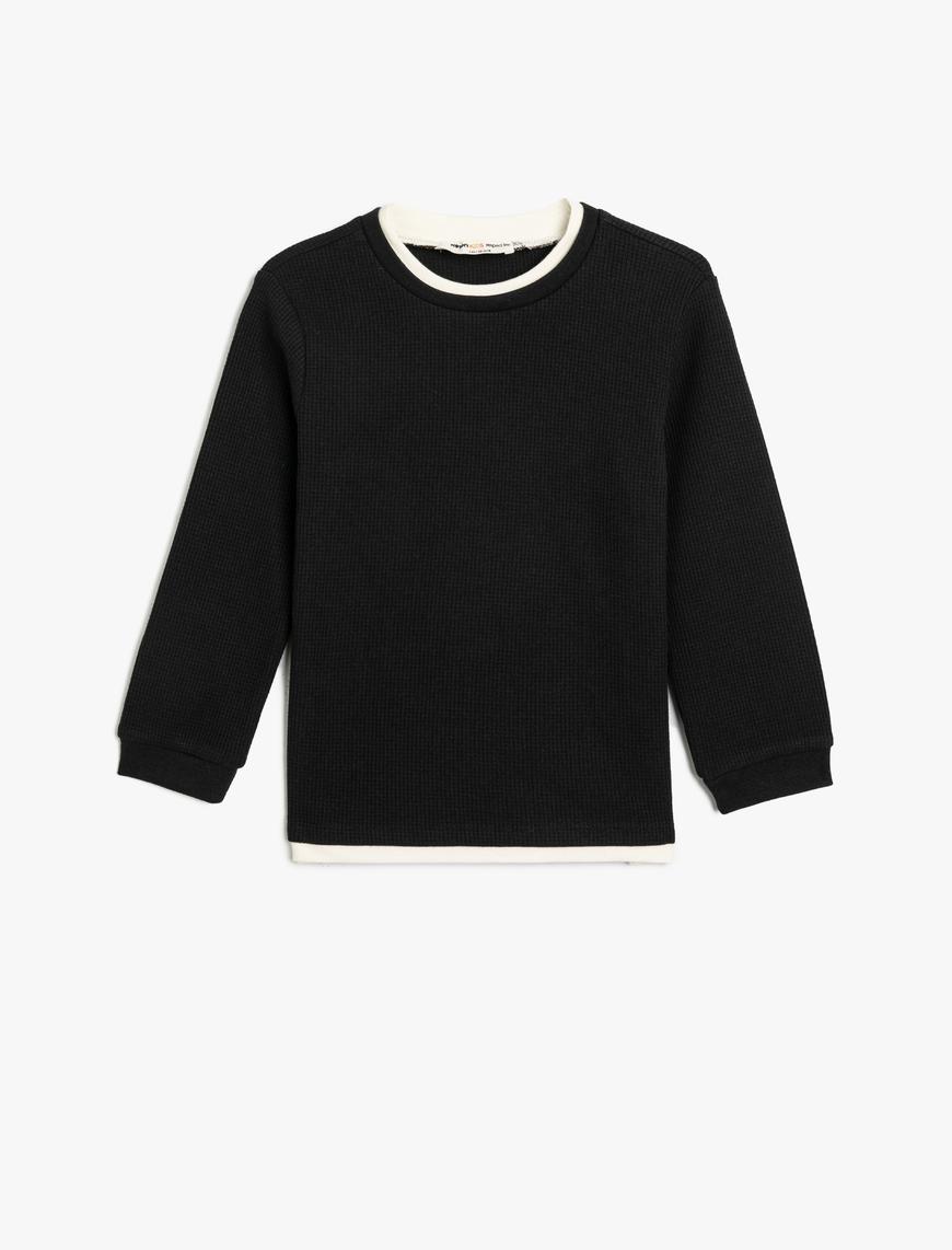  Erkek Çocuk Basic Sweatshirt Bisiklet Yaka Uzun Kollu Dokulu