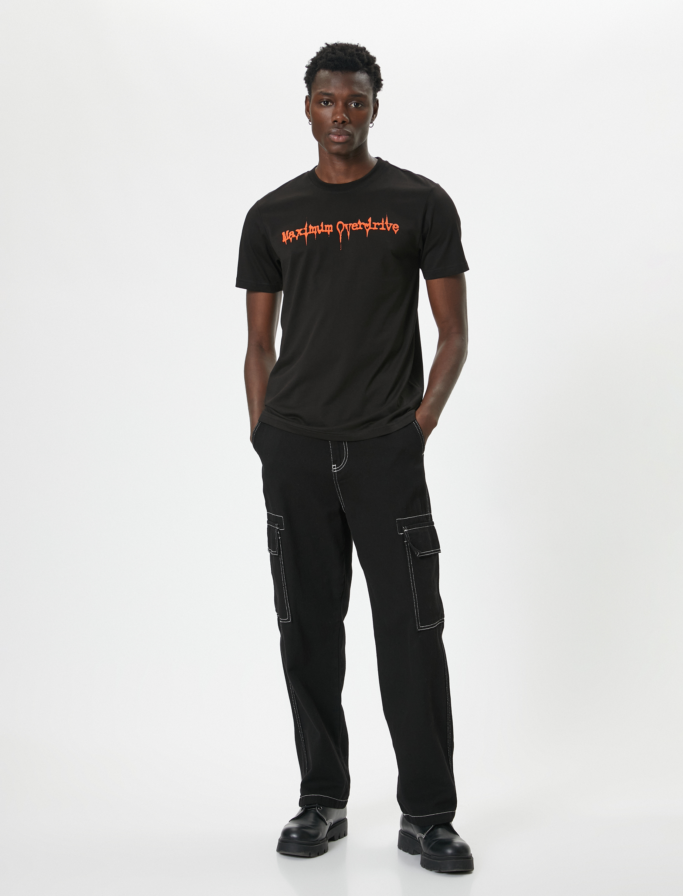   Slim Fit Tişört Slogan Baskılı Bisiklet Yaka Kısa Kollu Pamuklu