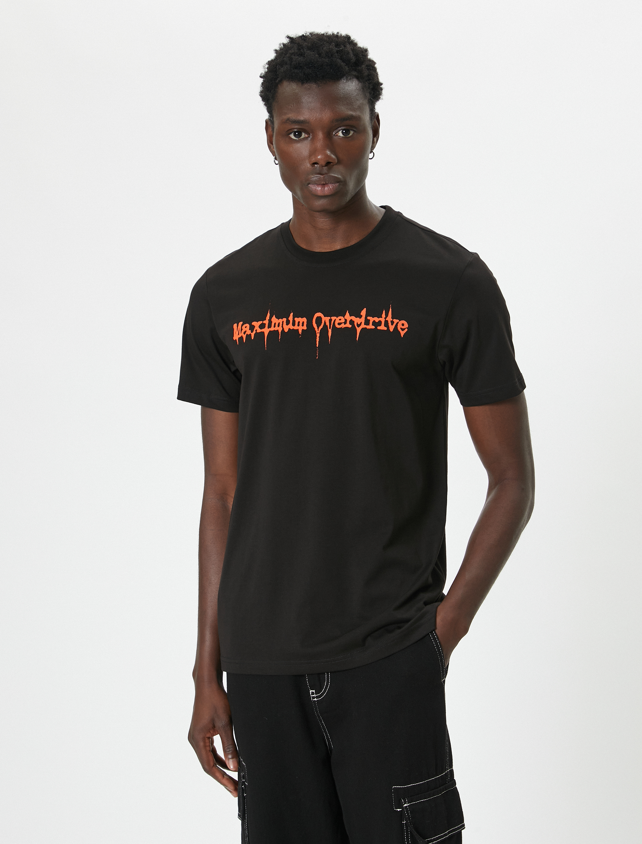   Slim Fit Tişört Slogan Baskılı Bisiklet Yaka Kısa Kollu Pamuklu