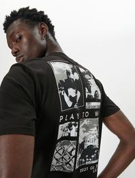 Arkası Baskılı Tişört Bisiklet Yaka Kısa Kollu Pamuklu