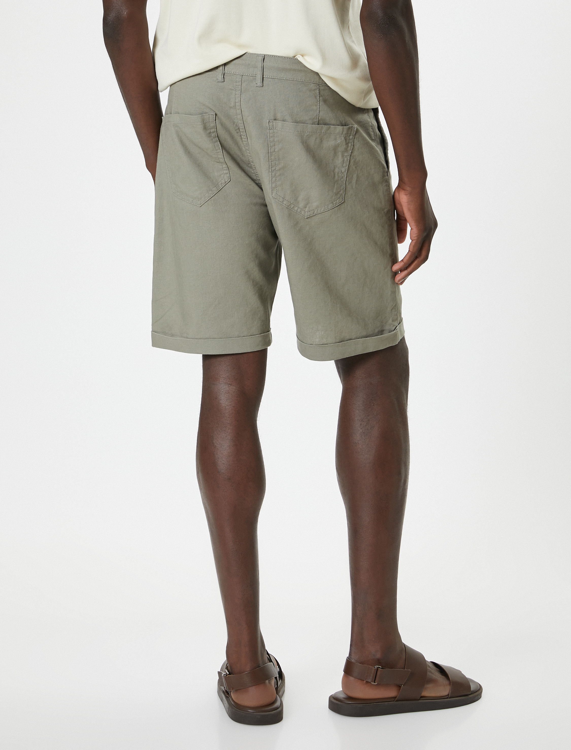   Bermuda Şort Chino Cepli Paça Detaylı Keten Karışımlı