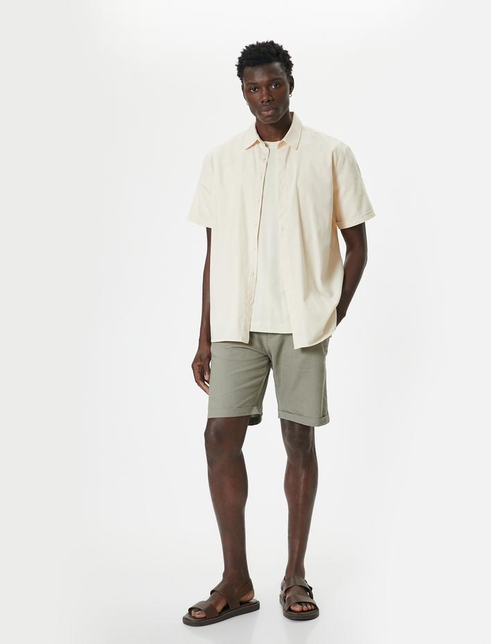  Bermuda Şort Chino Cepli Paça Detaylı Keten Karışımlı