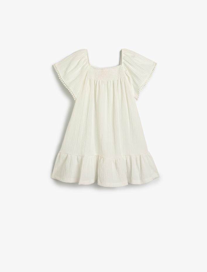 Kız Bebek Elbise Gipe Detaylı Kare Yaka Dokulu Fırfırlı