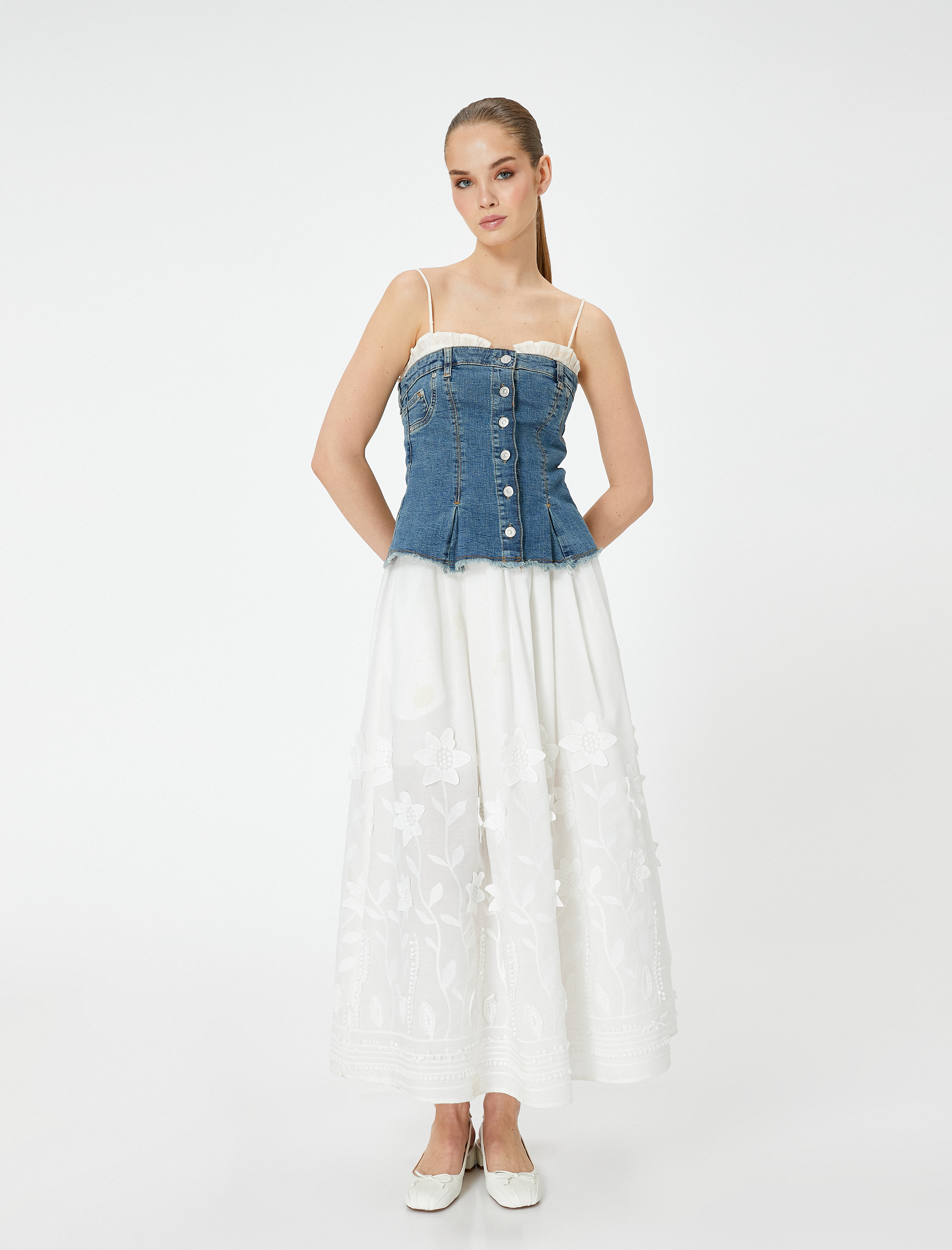   Straplez Düğmeli Denim Üst