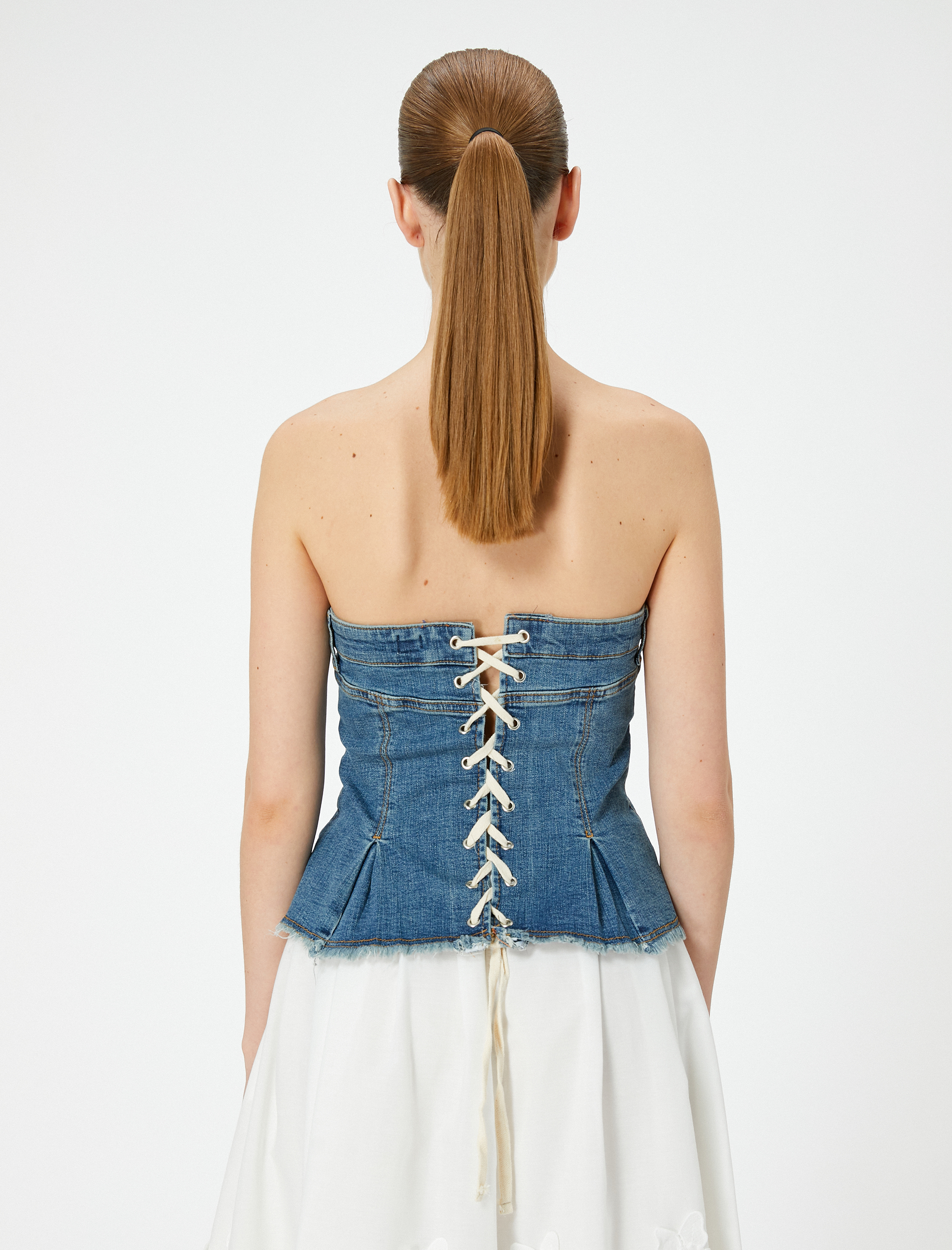   Straplez Düğmeli Denim Üst