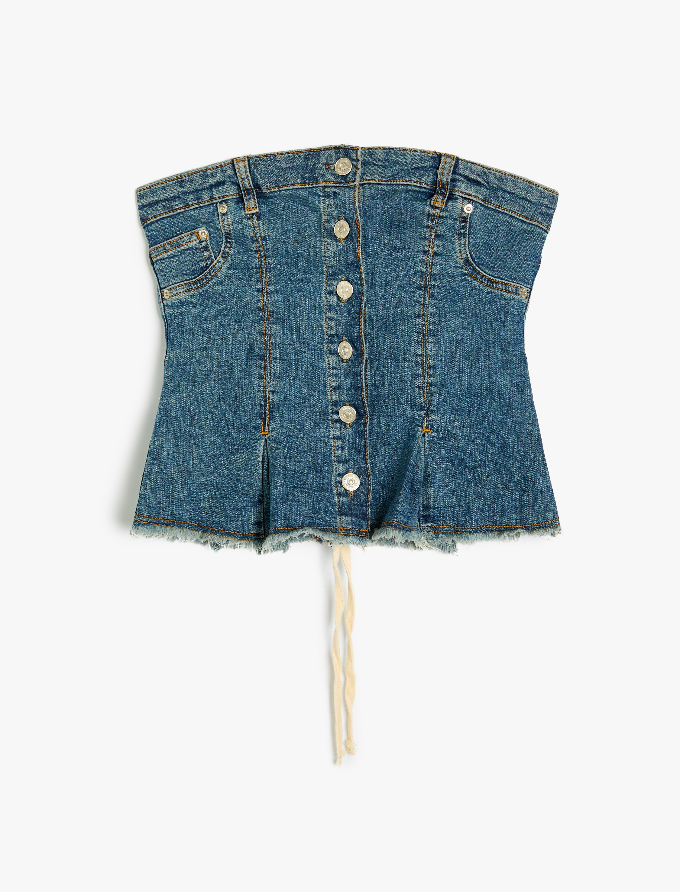   Straplez Düğmeli Denim Üst