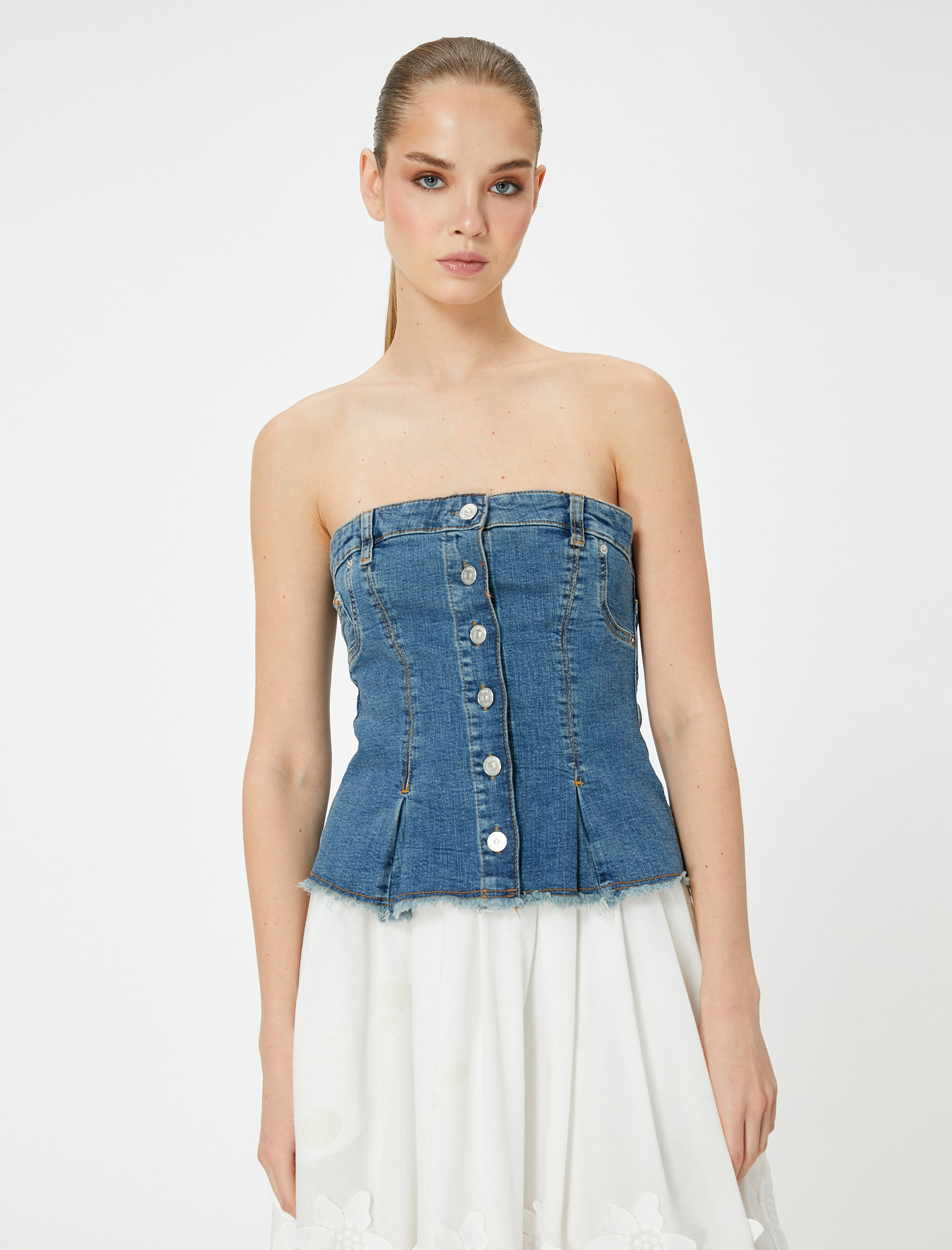   Straplez Düğmeli Denim Üst