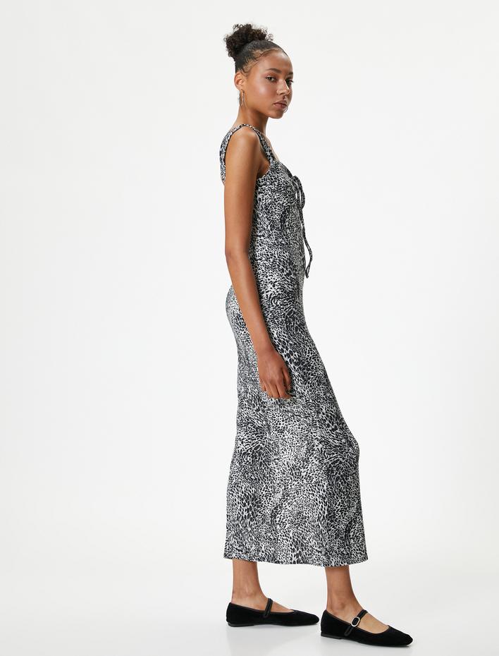  Leopar Desenli Uzun Elbise Yırtmaç Detaylı Kalın Askılı Bürümcük