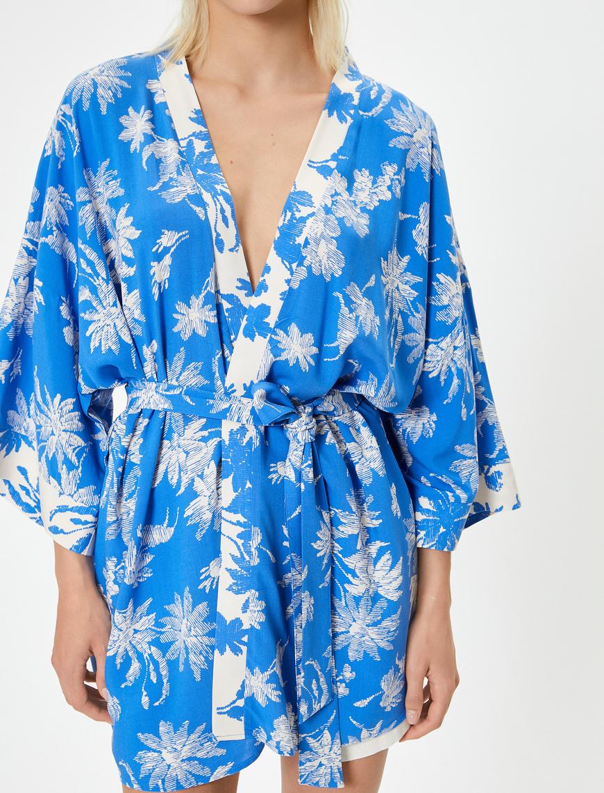   Oversize Kimono Viskon Çiçekli Kuşaklı