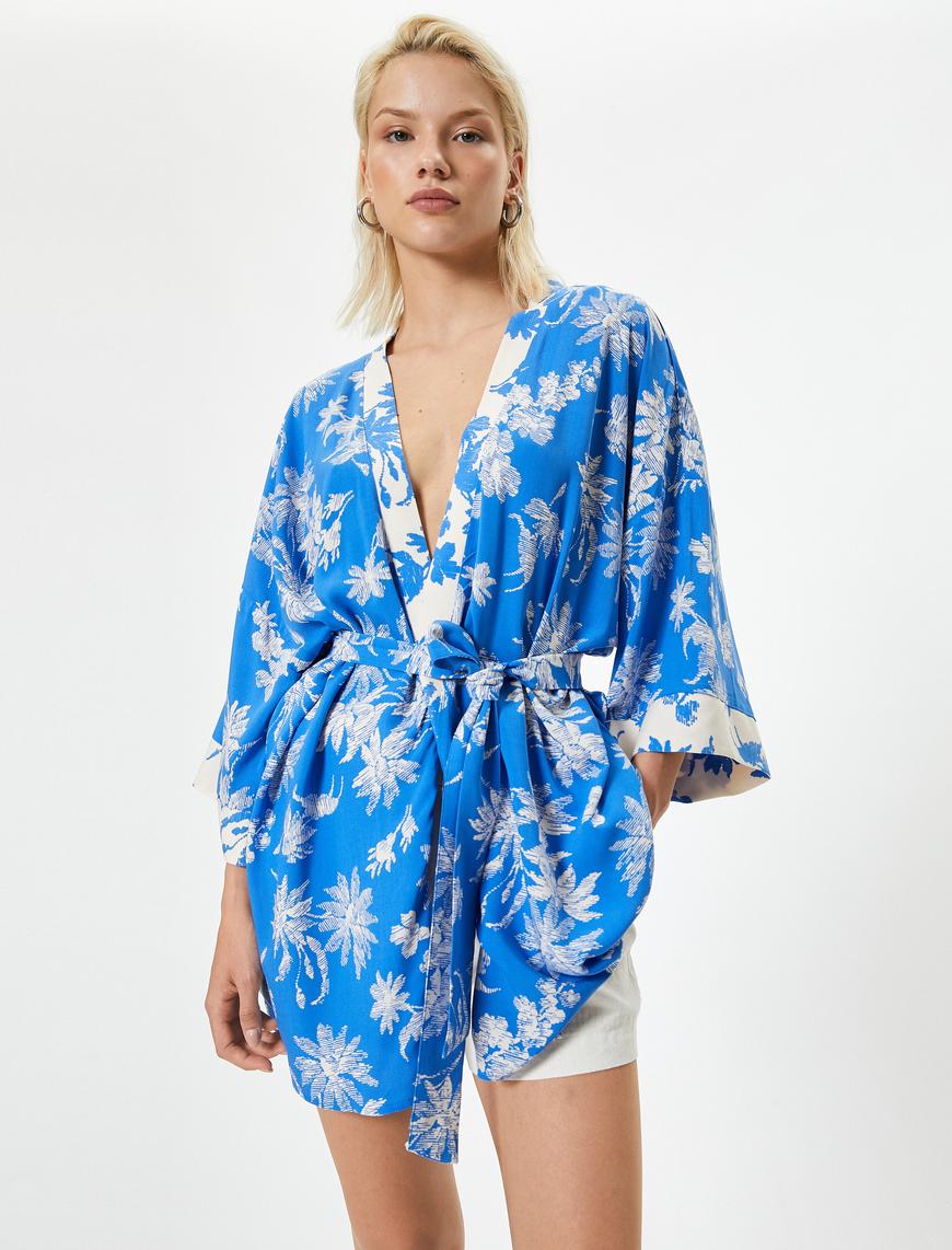   Oversize Kimono Viskon Çiçekli Kuşaklı