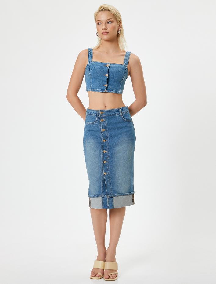  Koton X Melis Ağazat - Kot Crop Büstiyer Düğmeli Askılı