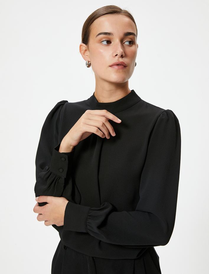  Şifon Bluz Manşetli Dik Yaka Uzun Kollu Drape Detaylı