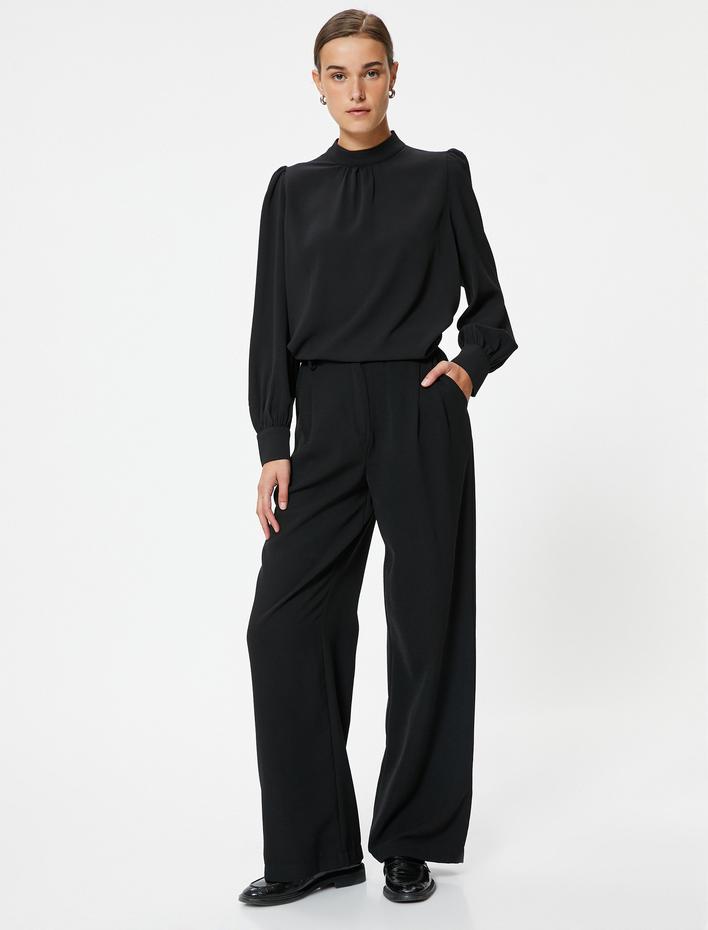  Şifon Bluz Manşetli Dik Yaka Uzun Kollu Drape Detaylı