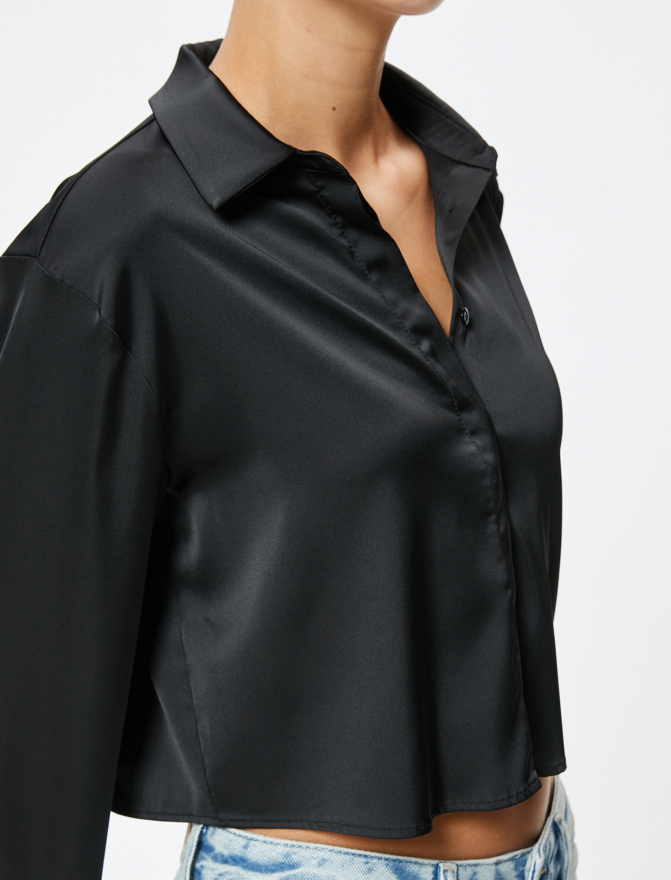   Crop Saten Gömlek Uzun Kollu