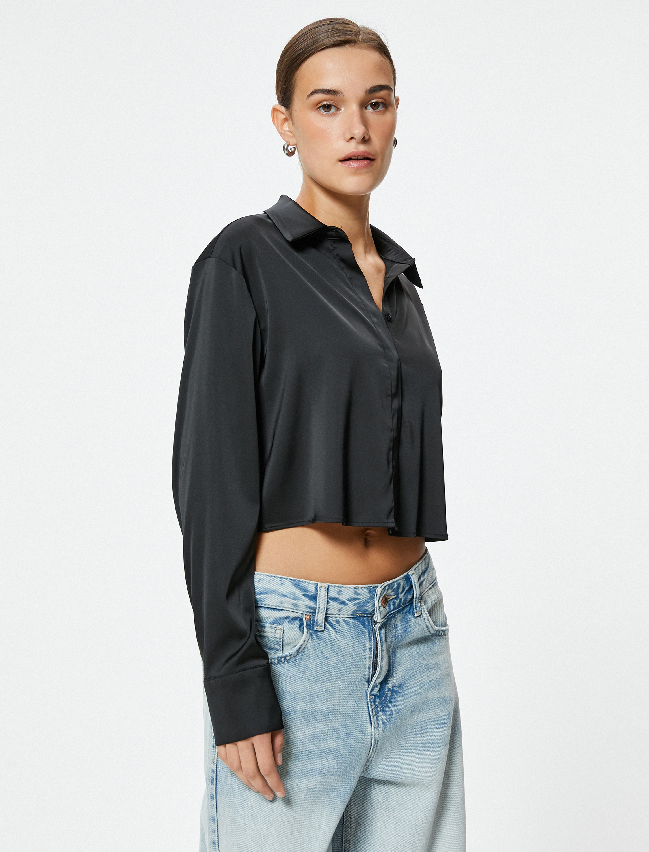   Crop Saten Gömlek Uzun Kollu