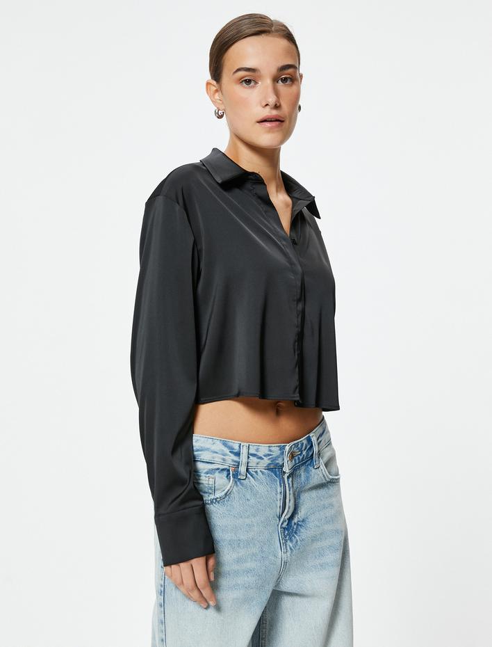  Crop Saten Gömlek Uzun Kollu