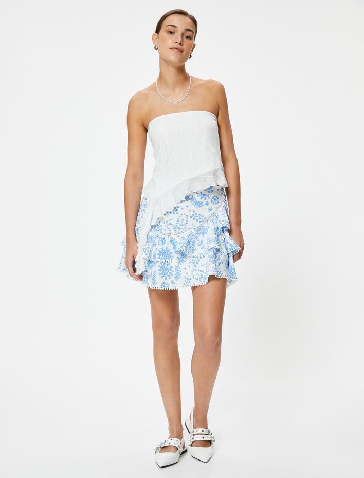  Fisto Çiçekli Mini Etek Katlı Astarlı Volanlı