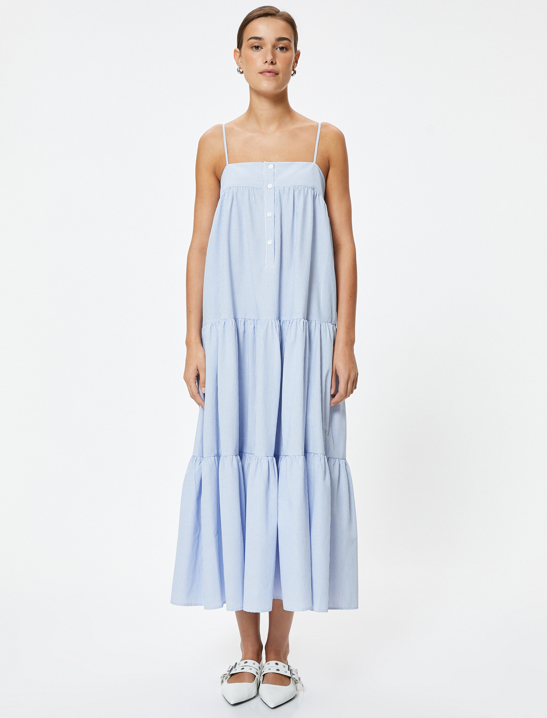   Midi Askılı Çizgili Elbise Arkası Gipe Detaylı Düğmeli Katlı Rahat Kalıp