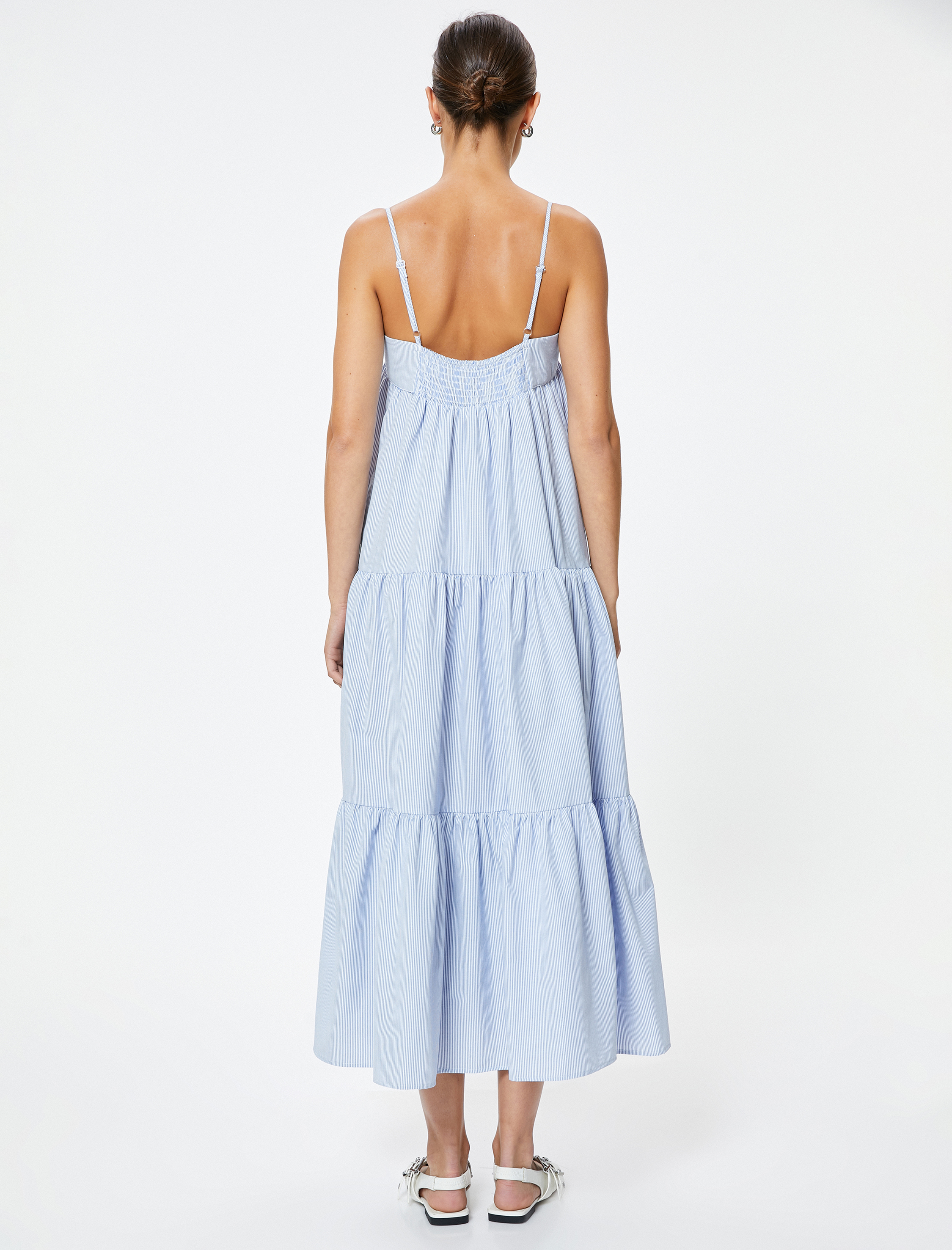   Midi Askılı Çizgili Elbise Arkası Gipe Detaylı Düğmeli Katlı Rahat Kalıp