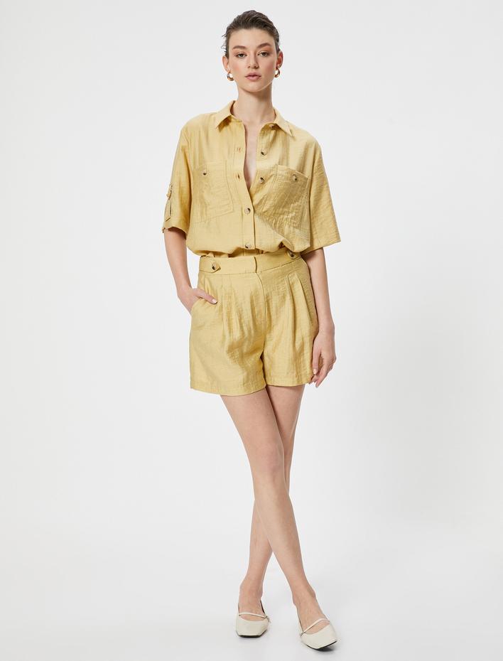  Mini Saten Şort Yüksek Bel Cepli Pile Detaylı