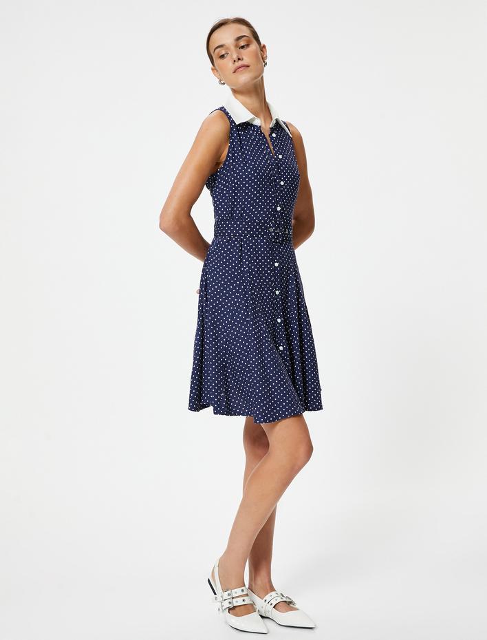  Mini Puantiyeli Gömlek Elbise Kolsuz Kemerli Viskon Kumaş Düğmeli