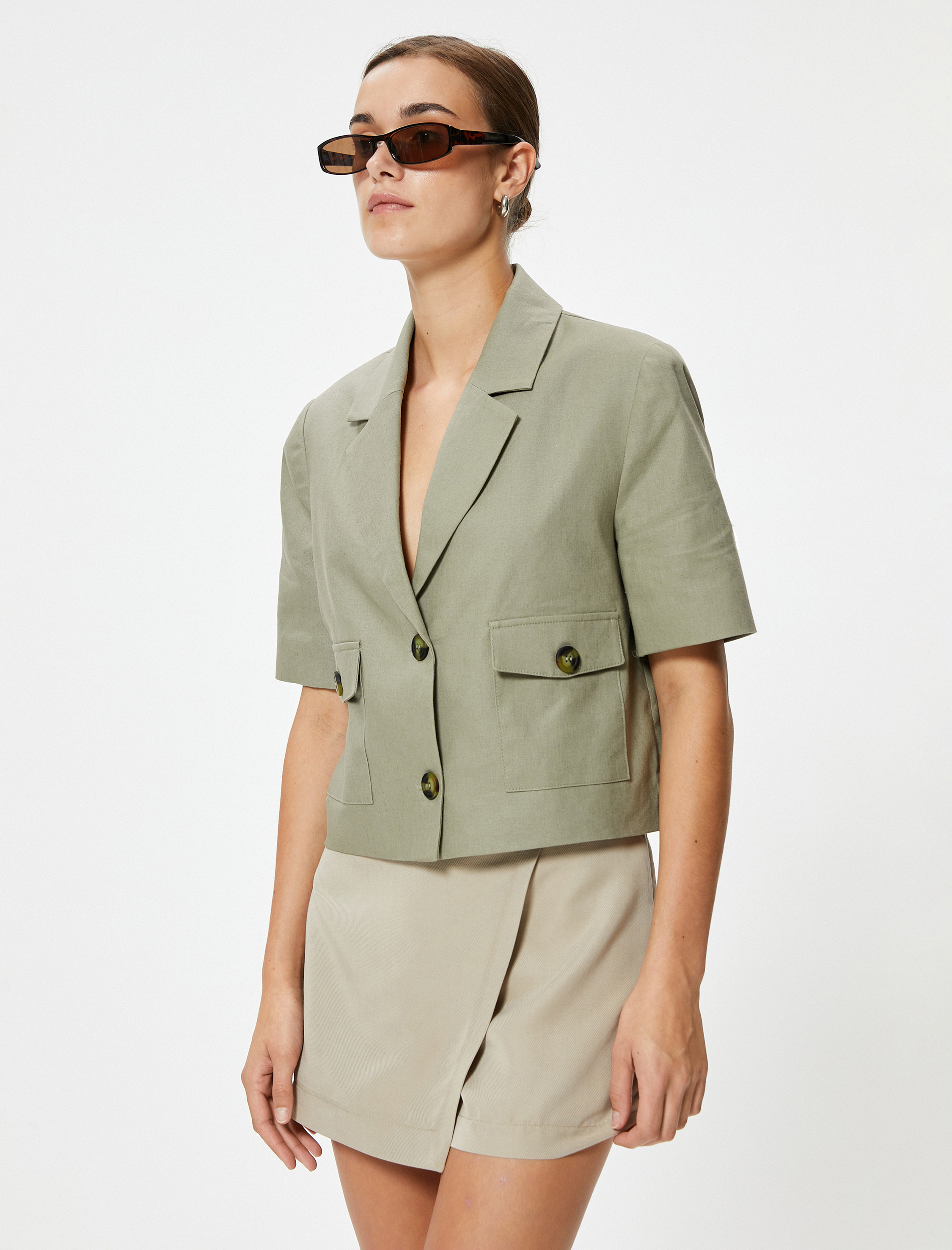   Kısa Keten Ceket Kısa Kollu Kısa Kollu Düğmeli Astarlı