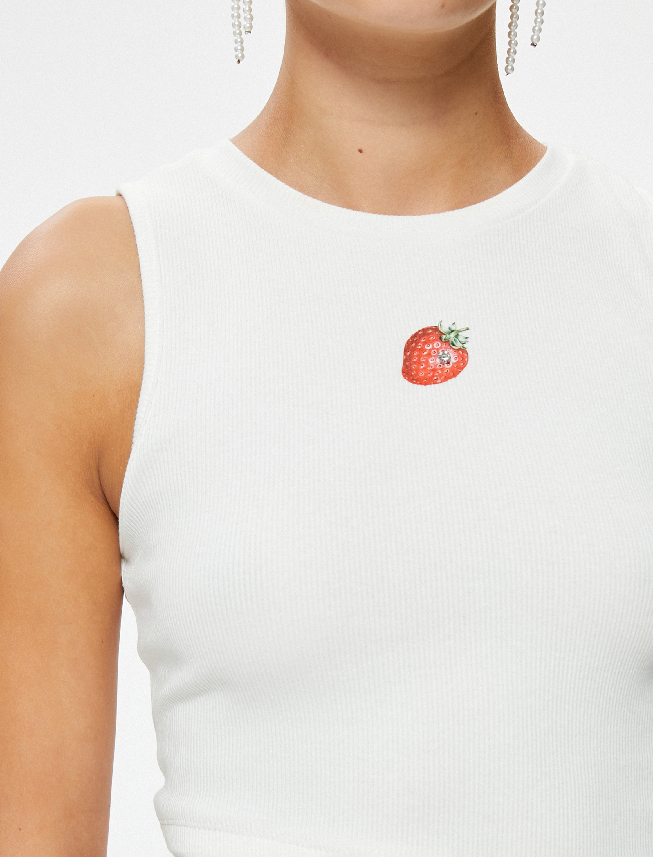   Çilek Baskılı Crop Atlet Asimetrik Kesim Slim Fit