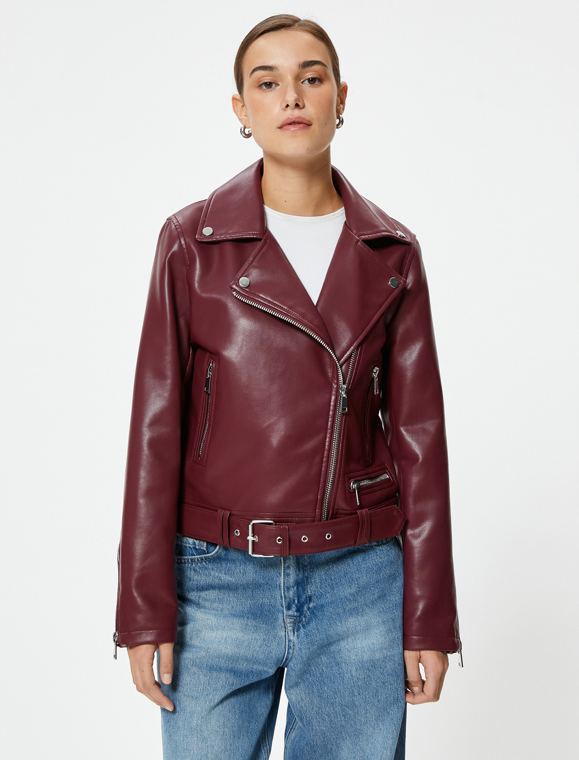 Suni Deri Ceket Fermuarlı Kruvaze Cepli